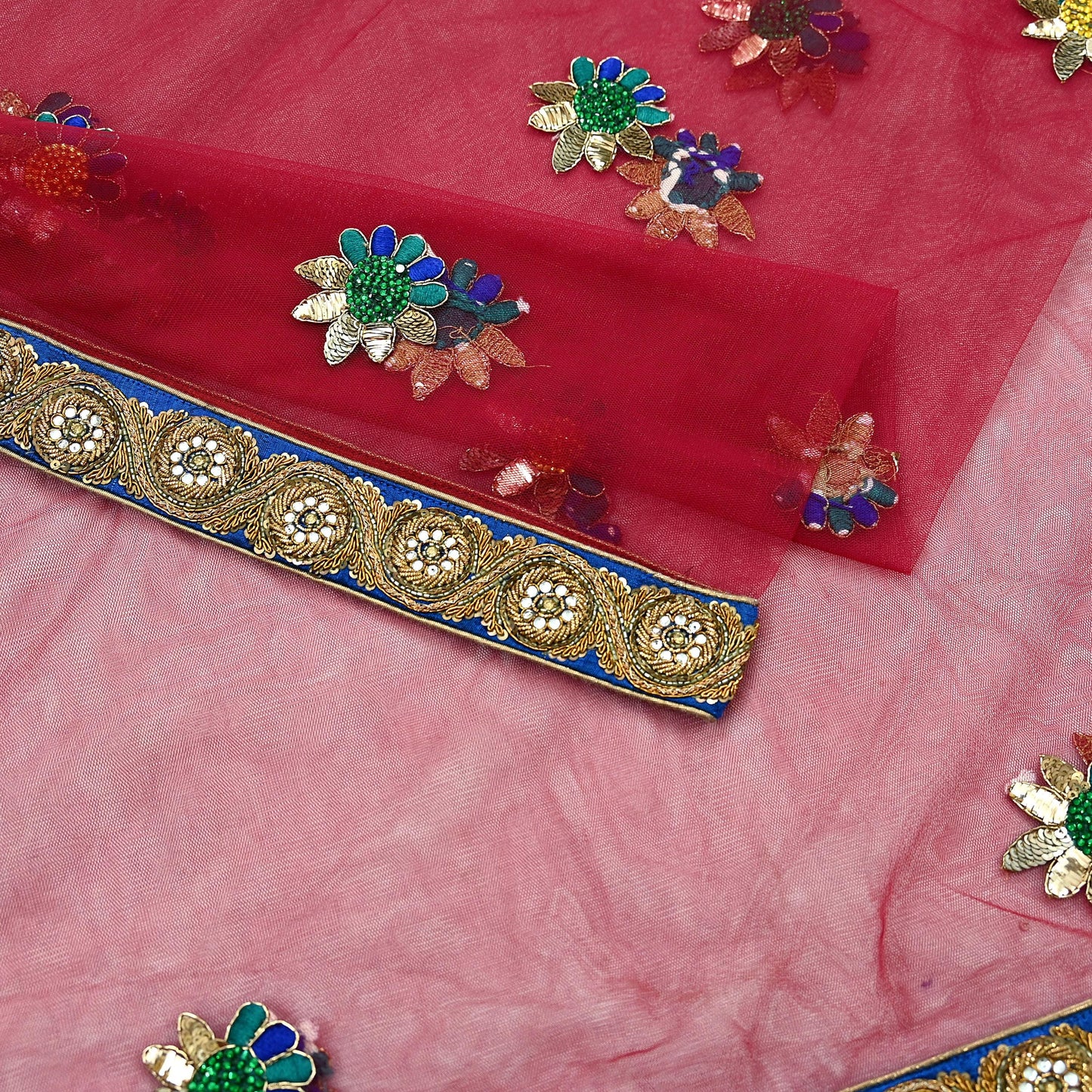 Indian Vintage Heavy Wedding Red Dupatta Net Mesh Long Stole Hand Embroidered Scarves Golden Zardozi Dabka Zari Stole