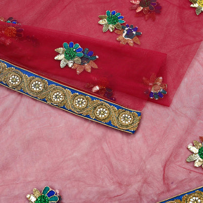 Indian Vintage Heavy Wedding Red Dupatta Net Mesh Long Stole Hand Embroidered Scarves Golden Zardozi Dabka Zari Stole