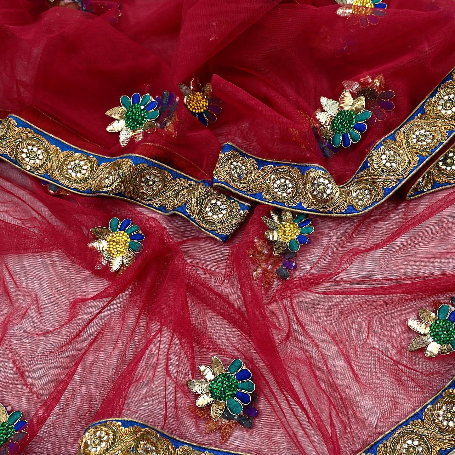 Indian Vintage Heavy Wedding Red Dupatta Net Mesh Long Stole Hand Embroidered Scarves Golden Zardozi Dabka Zari Stole
