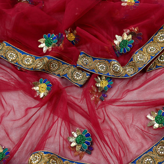 Indian Vintage Heavy Wedding Red Dupatta Net Mesh Long Stole Hand Embroidered Scarves Golden Zardozi Dabka Zari Stole