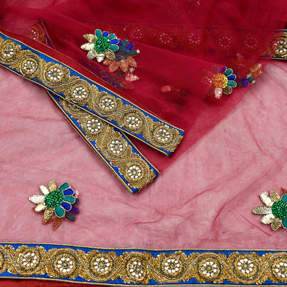 Indian Vintage Heavy Wedding Red Dupatta Net Mesh Long Stole Hand Embroidered Scarves Golden Zardozi Dabka Zari Stole