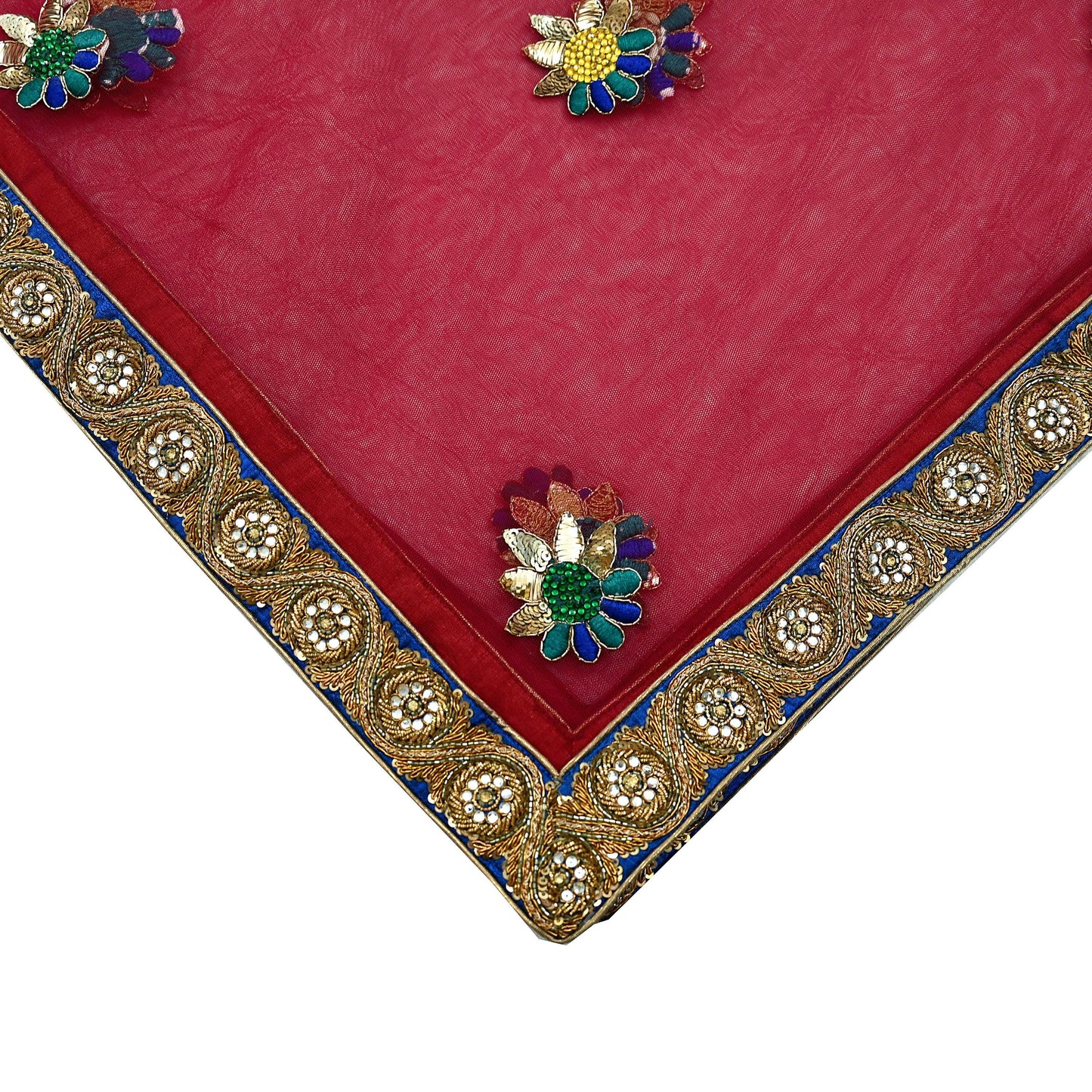 Indian Vintage Heavy Wedding Red Dupatta Net Mesh Long Stole Hand Embroidered Scarves Golden Zardozi Dabka Zari Stole