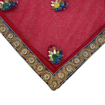 Indian Vintage Heavy Wedding Red Dupatta Net Mesh Long Stole Hand Embroidered Scarves Golden Zardozi Dabka Zari Stole