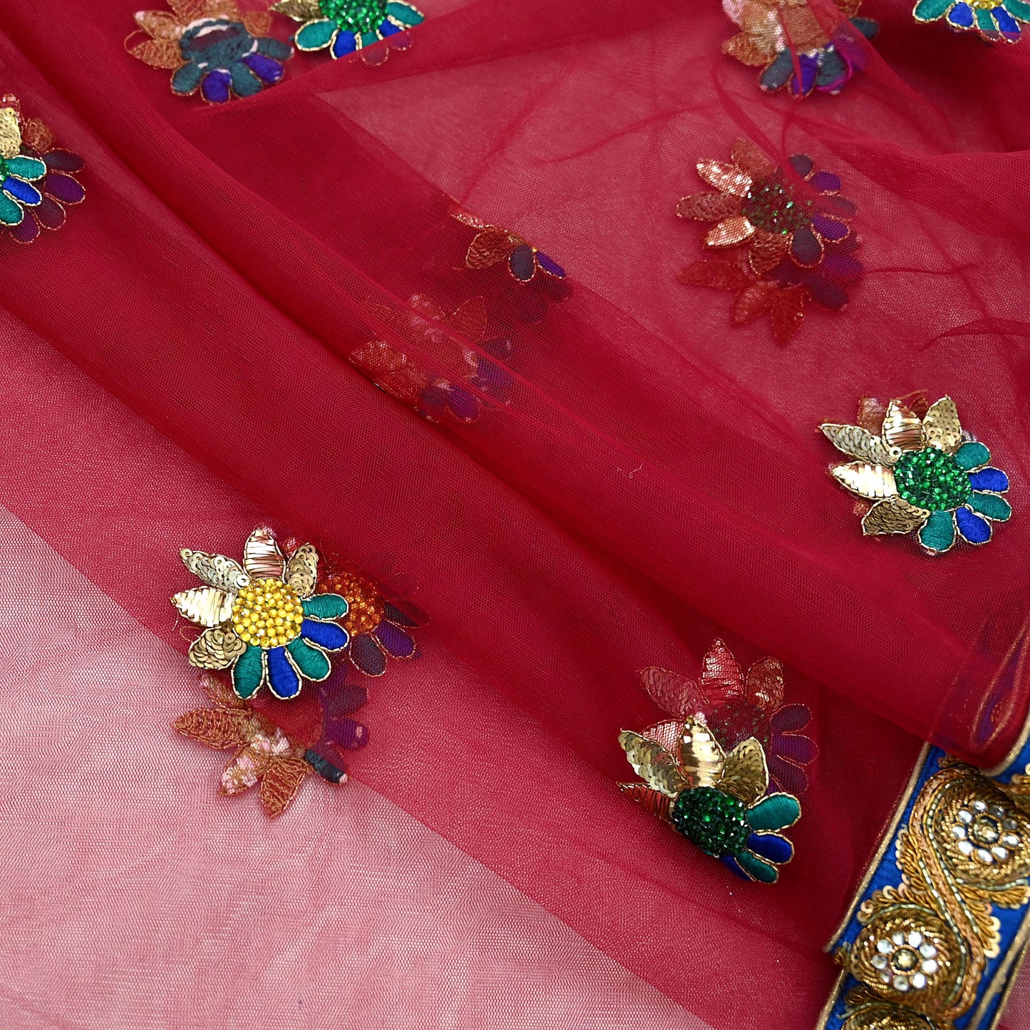 Indian Vintage Heavy Wedding Red Dupatta Net Mesh Long Stole Hand Embroidered Scarves Golden Zardozi Dabka Zari Stole