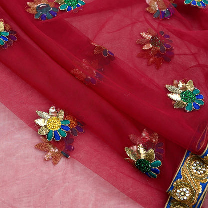 Indian Vintage Heavy Wedding Red Dupatta Net Mesh Long Stole Hand Embroidered Scarves Golden Zardozi Dabka Zari Stole