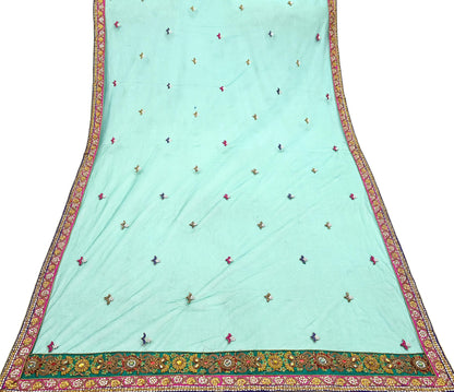 Indian Vintage Heavy Bridal Green Net Dupatta Hand Embroidered Zardozi Zari Sequins Stole Floral Design Hijab Veil Wedding/Party Wear