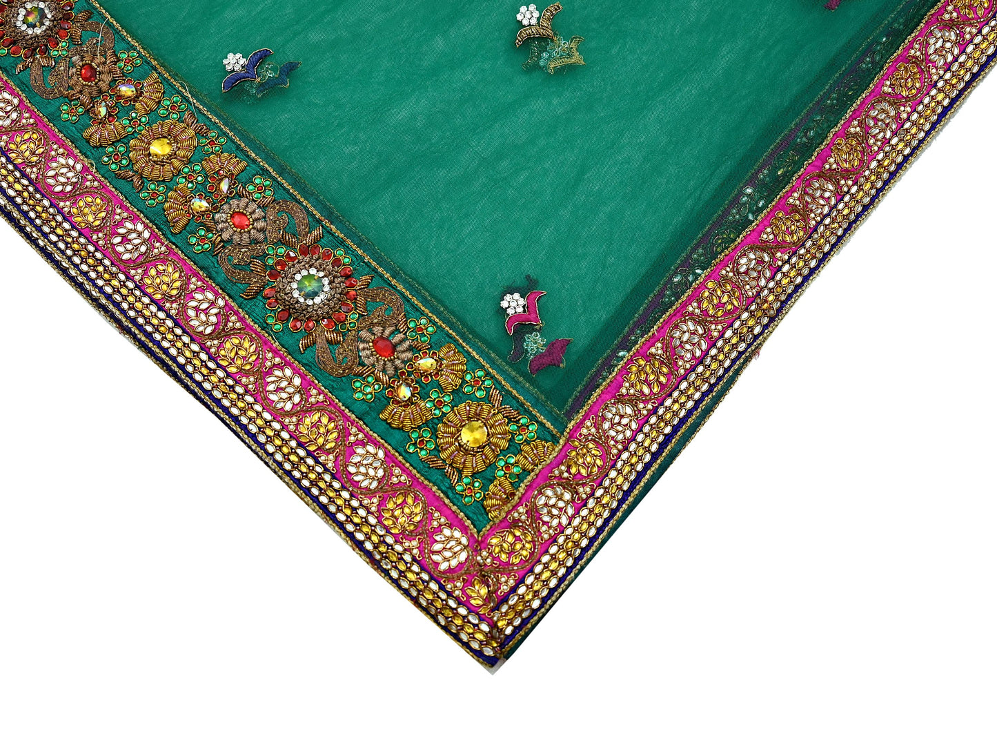 Indian Vintage Heavy Bridal Green Net Dupatta Hand Embroidered Zardozi Zari Sequins Stole Floral Design Hijab Veil Wedding/Party Wear