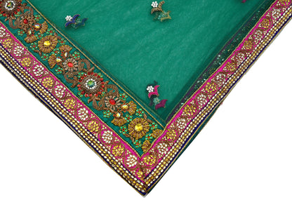 Indian Vintage Heavy Bridal Green Net Dupatta Hand Embroidered Zardozi Zari Sequins Stole Floral Design Hijab Veil Wedding/Party Wear