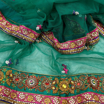 Indian Vintage Heavy Bridal Green Net Dupatta Hand Embroidered Zardozi Zari Sequins Stole Floral Design Hijab Veil Wedding/Party Wear