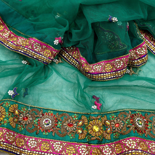 Indian Vintage Heavy Bridal Green Net Dupatta Hand Embroidered Zardozi Zari Sequins Stole Floral Design Hijab Veil Wedding/Party Wear