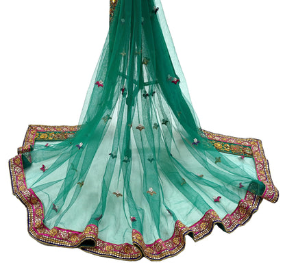 Indian Vintage Heavy Bridal Green Net Dupatta Hand Embroidered Zardozi Zari Sequins Stole Floral Design Hijab Veil Wedding/Party Wear