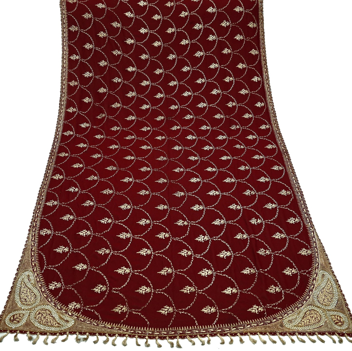 Indian Vintage Heavy Wedding Maroon Dupatta Georgette Long Stole Hand Embroidered Scarves Golden Zardozi Zari Stole Paisley