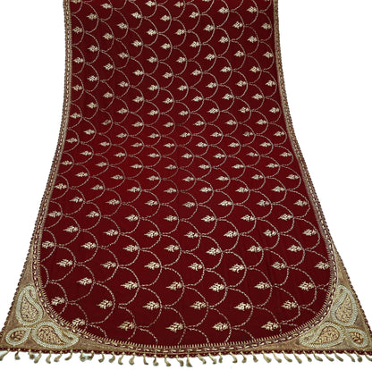 Indian Vintage Heavy Wedding Maroon Dupatta Georgette Long Stole Hand Embroidered Scarves Golden Zardozi Zari Stole Paisley