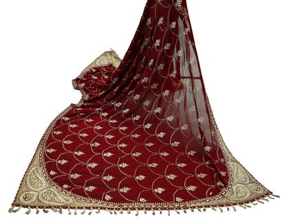 Indian Vintage Heavy Wedding Maroon Dupatta Georgette Long Stole Hand Embroidered Scarves Golden Zardozi Zari Stole Paisley