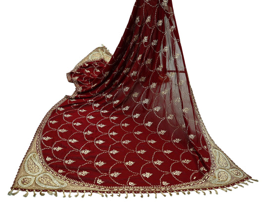 Indian Vintage Heavy Wedding Maroon Dupatta Georgette Long Stole Hand Embroidered Scarves Golden Zardozi Zari Stole Paisley