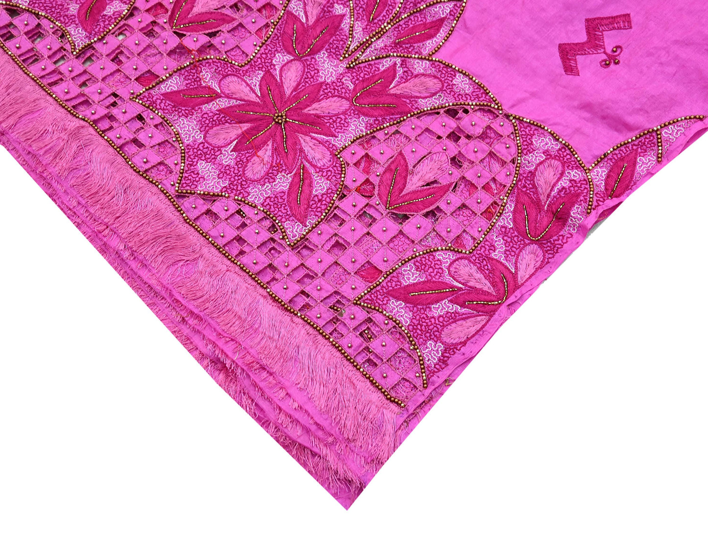 Indian Vintage Heavy Wedding Pink Dupatta Pure Silk Long Stole Hand Embroidered Scarves Zari Stole Fringes