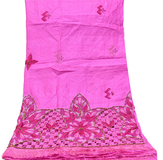 Indian Vintage Heavy Wedding Pink Dupatta Pure Silk Long Stole Hand Embroidered Scarves Zari Stole Fringes
