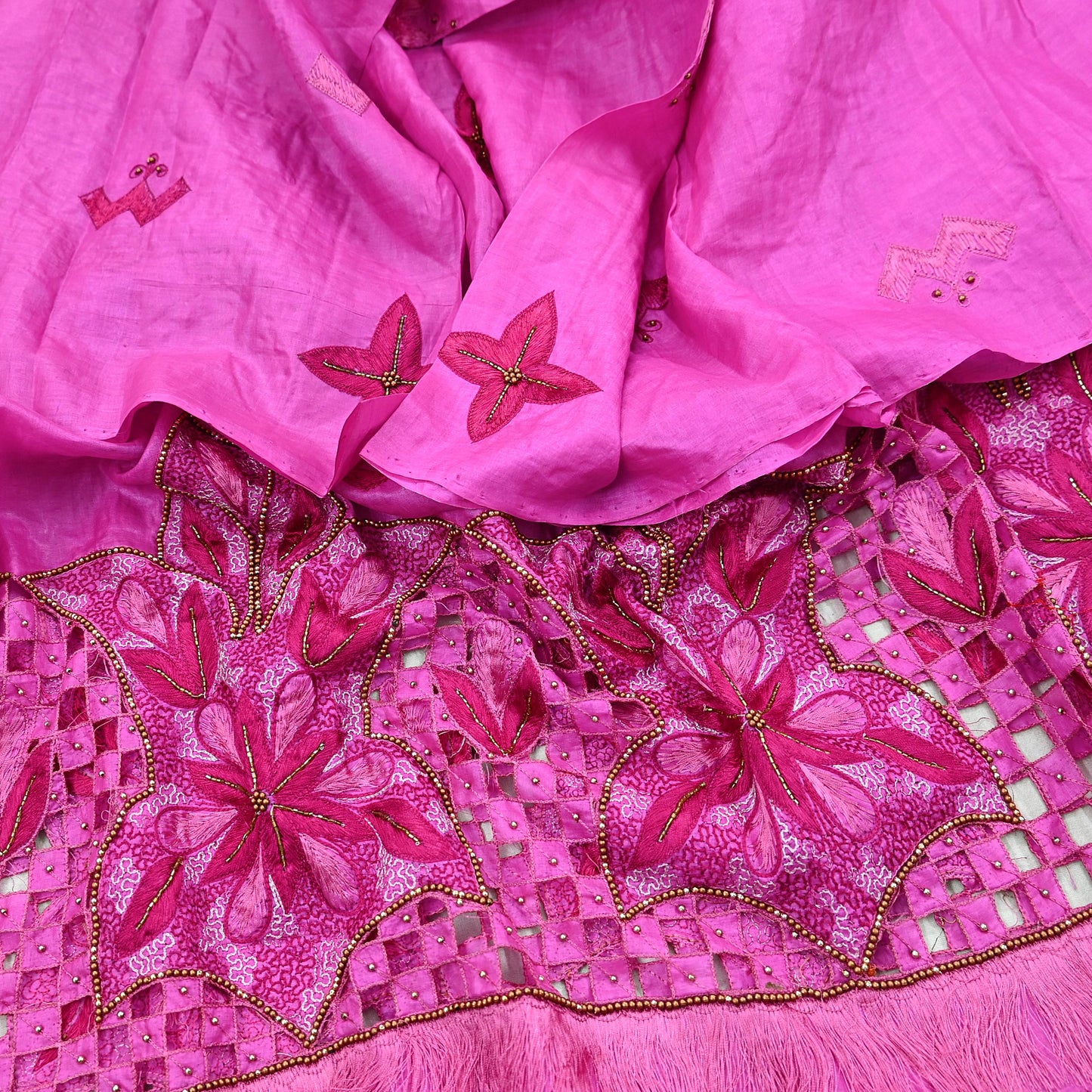 Indian Vintage Heavy Wedding Pink Dupatta Pure Silk Long Stole Hand Embroidered Scarves Zari Stole Fringes