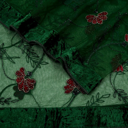 Indian Vintage Heavy Green Dupatta Net Mesh Long Stole Hand Embroidered Scarves Glass Beaded Sequins Hijab Veil wrap Boho