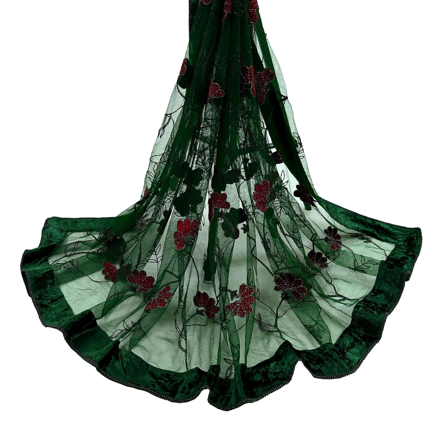 Indian Vintage Heavy Green Dupatta Net Mesh Long Stole Hand Embroidered Scarves Glass Beaded Sequins Hijab Veil wrap Boho