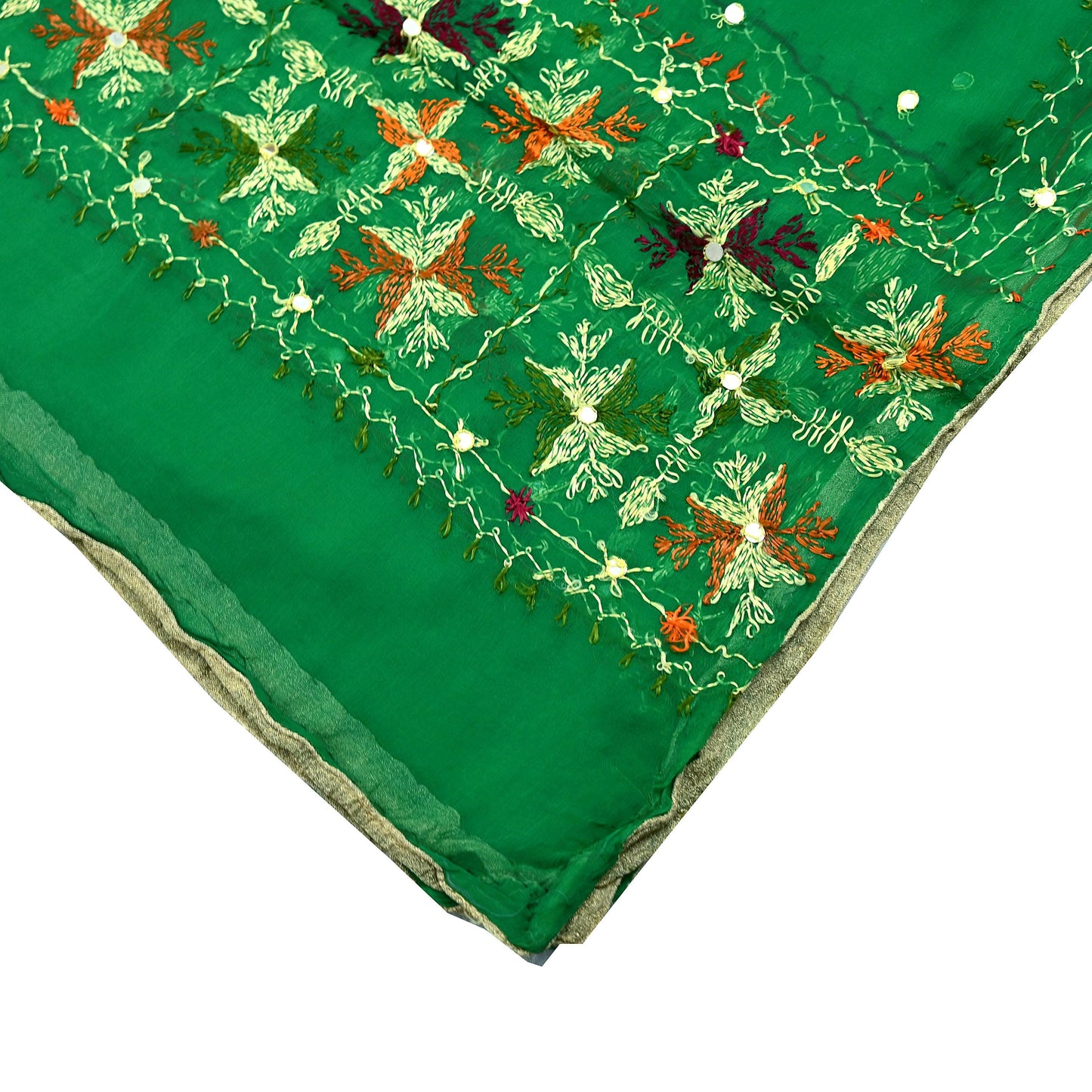 Indian Vintage Green Dupatta Long Stole Pure Chiffon Silk Hand Embroidered Bagh Phulkari Stole Scarves Golden lace