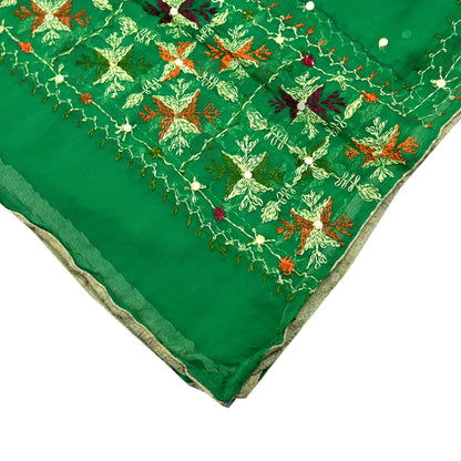 Indian Vintage Green Dupatta Long Stole Pure Chiffon Silk Hand Embroidered Bagh Phulkari Stole Scarves Golden lace