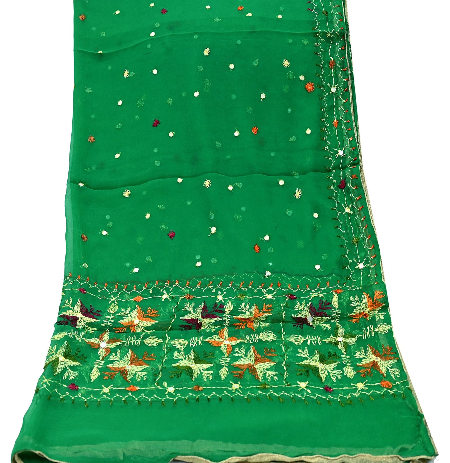 Indian Vintage Green Dupatta Long Stole Pure Chiffon Silk Hand Embroidered Bagh Phulkari Stole Scarves Golden lace