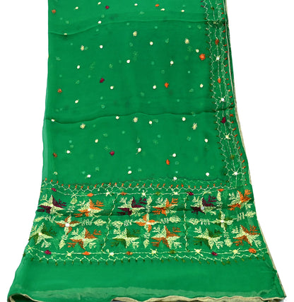 Indian Vintage Green Dupatta Long Stole Pure Chiffon Silk Hand Embroidered Bagh Phulkari Stole Scarves Golden lace