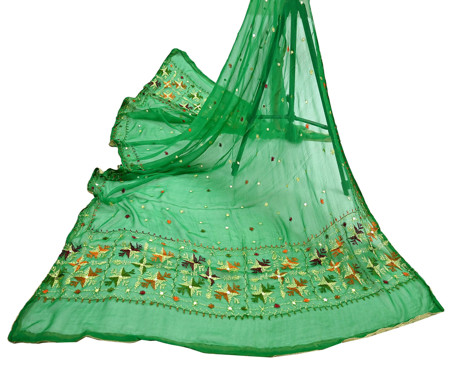 Indian Vintage Green Dupatta Long Stole Pure Chiffon Silk Hand Embroidered Bagh Phulkari Stole Scarves Golden lace