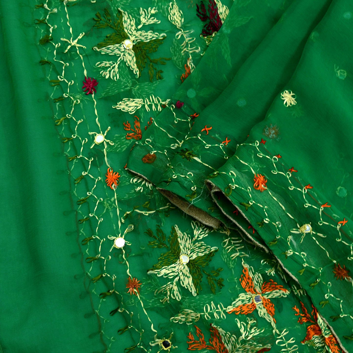 Indian Vintage Green Dupatta Long Stole Pure Chiffon Silk Hand Embroidered Bagh Phulkari Stole Scarves Golden lace