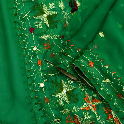 Indian Vintage Green Dupatta Long Stole Pure Chiffon Silk Hand Embroidered Bagh Phulkari Stole Scarves Golden lace