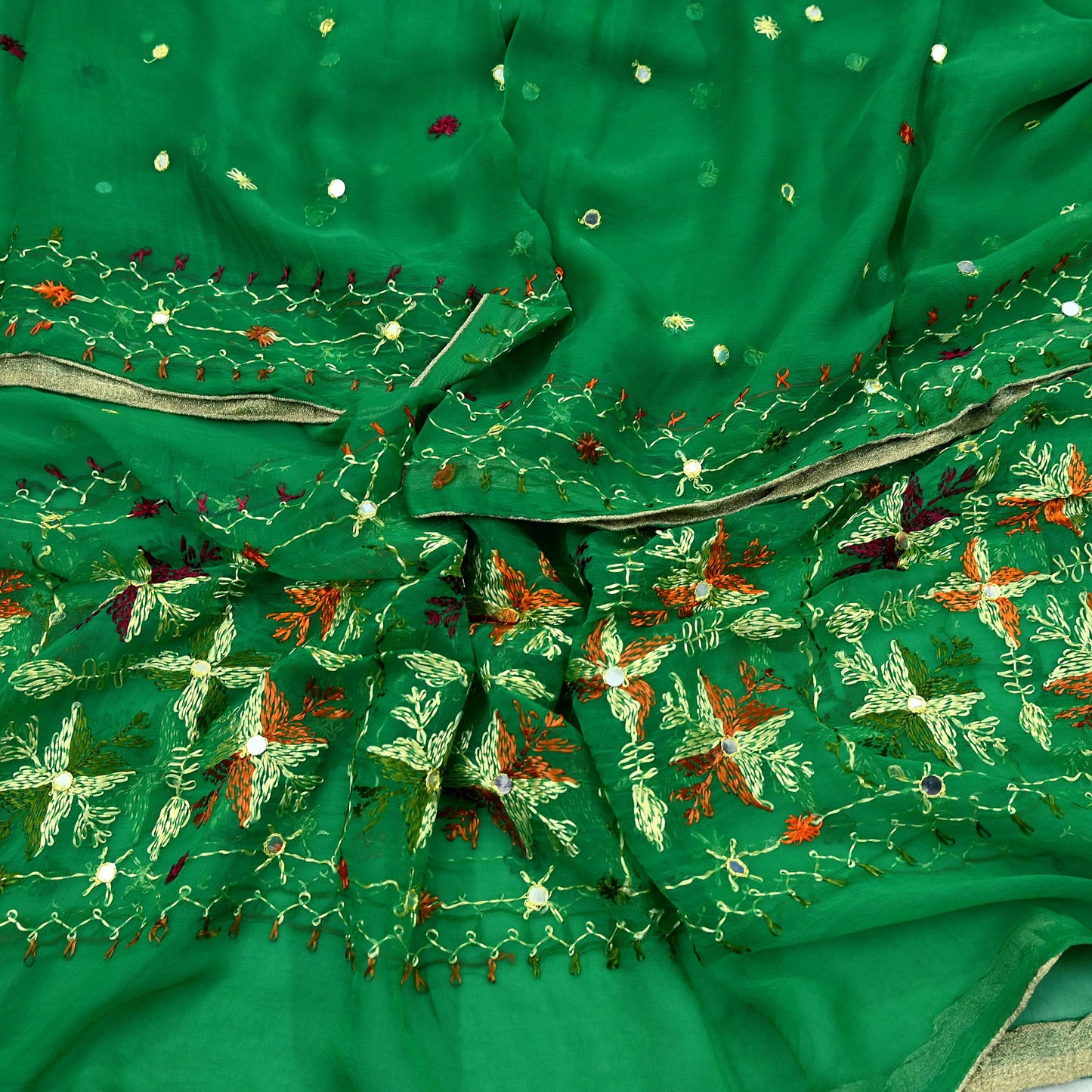 Indian Vintage Green Dupatta Long Stole Pure Chiffon Silk Hand Embroidered Bagh Phulkari Stole Scarves Golden lace