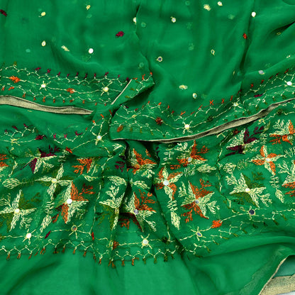 Indian Vintage Green Dupatta Long Stole Pure Chiffon Silk Hand Embroidered Bagh Phulkari Stole Scarves Golden lace