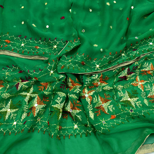 Indian Vintage Green Dupatta Long Stole Pure Chiffon Silk Hand Embroidered Bagh Phulkari Stole Scarves Golden lace