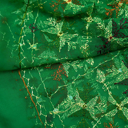 Indian Vintage Green Dupatta Long Stole Pure Chiffon Silk Hand Embroidered Bagh Phulkari Stole Scarves Golden lace