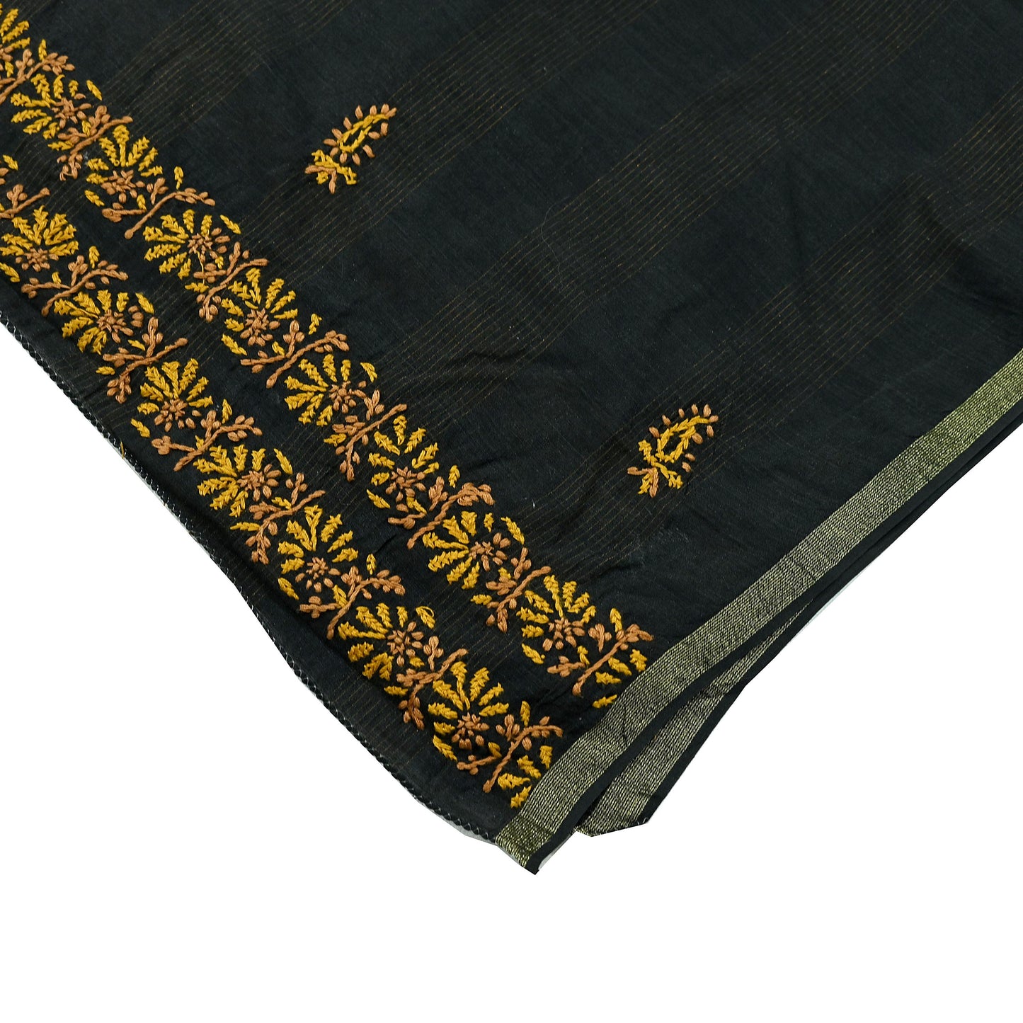 Indian Vintage Dupatta Black Long Stole Pure Chanderi silk Handmade Chikankari Scarves Veil Scarf Wrap Floral Design