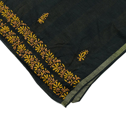 Indian Vintage Dupatta Black Long Stole Pure Chanderi silk Handmade Chikankari Scarves Veil Scarf Wrap Floral Design