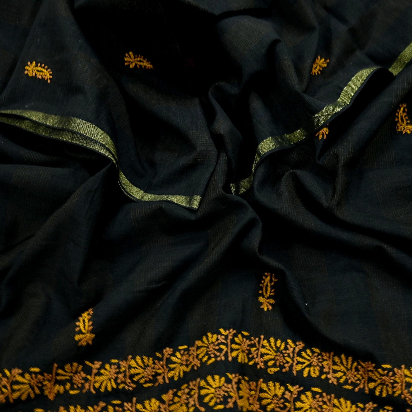 Indian Vintage Dupatta Black Long Stole Pure Chanderi silk Handmade Chikankari Scarves Veil Scarf Wrap Floral Design