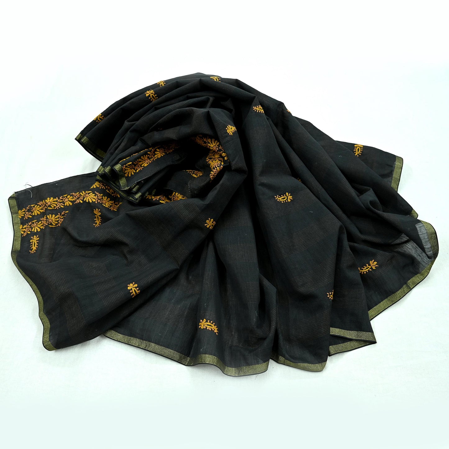 Indian Vintage Dupatta Black Long Stole Pure Chanderi silk Handmade Chikankari Scarves Veil Scarf Wrap Floral Design