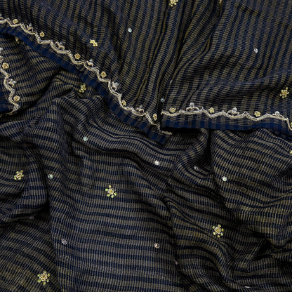 Indian Vintage Blue Dupatta Pure Georgette silk Long Stole Hand Embroidered Scarves Stole Veil Wrap Sequins Zardozi