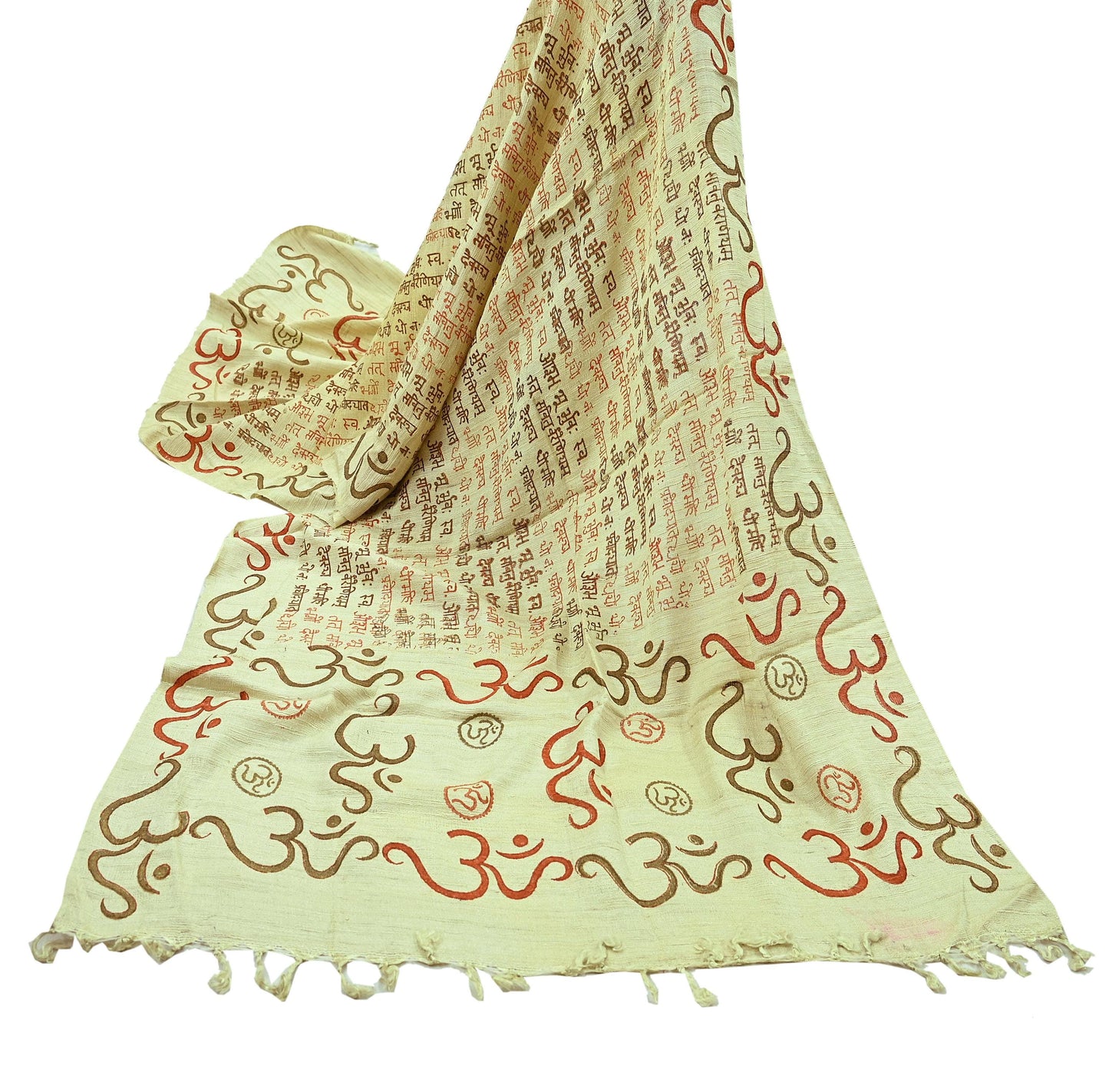 Indian Vintage Ivory Dupatta Long Stole 100% Pure Khadi Silk Hand Woven/ Painted Indian Scarves Veil Scarf Wrap Hippie Fringes