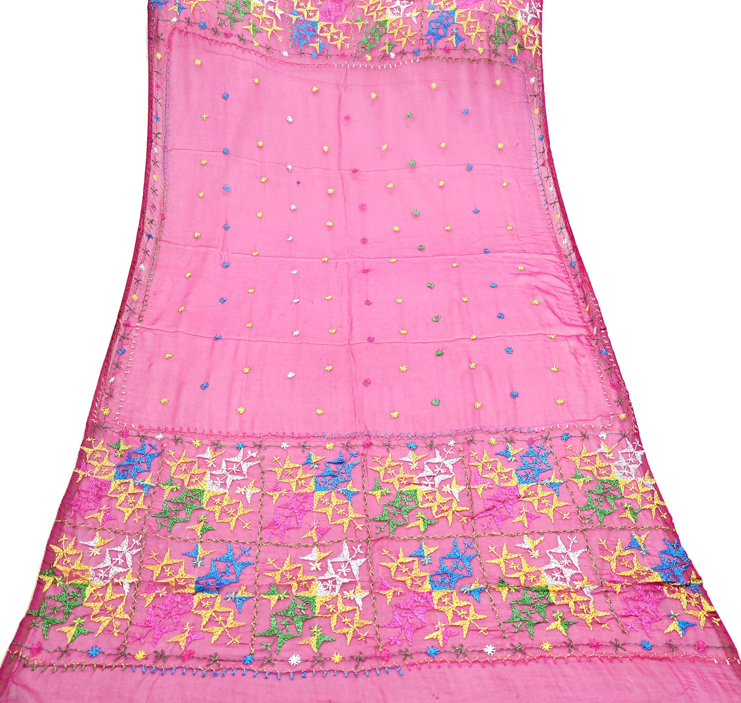 Indian Vintage Pink Dupatta Long Stole Pure Chiffon Silk Hand Embroidered Bagh Phulkari Stole Scarves Golden Lace