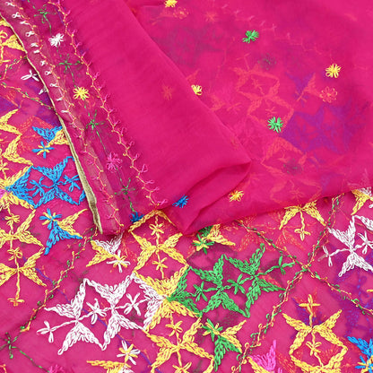 Indian Vintage Pink Dupatta Long Stole Pure Chiffon Silk Hand Embroidered Bagh Phulkari Stole Scarves Golden Lace