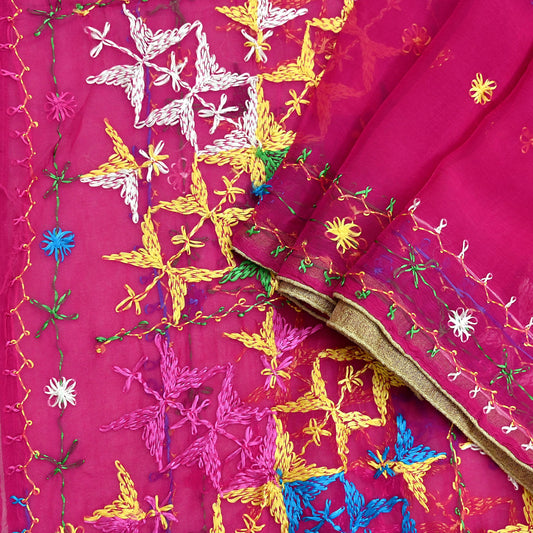 Indian Vintage Pink Dupatta Long Stole Pure Chiffon Silk Hand Embroidered Bagh Phulkari Stole Scarves Golden Lace