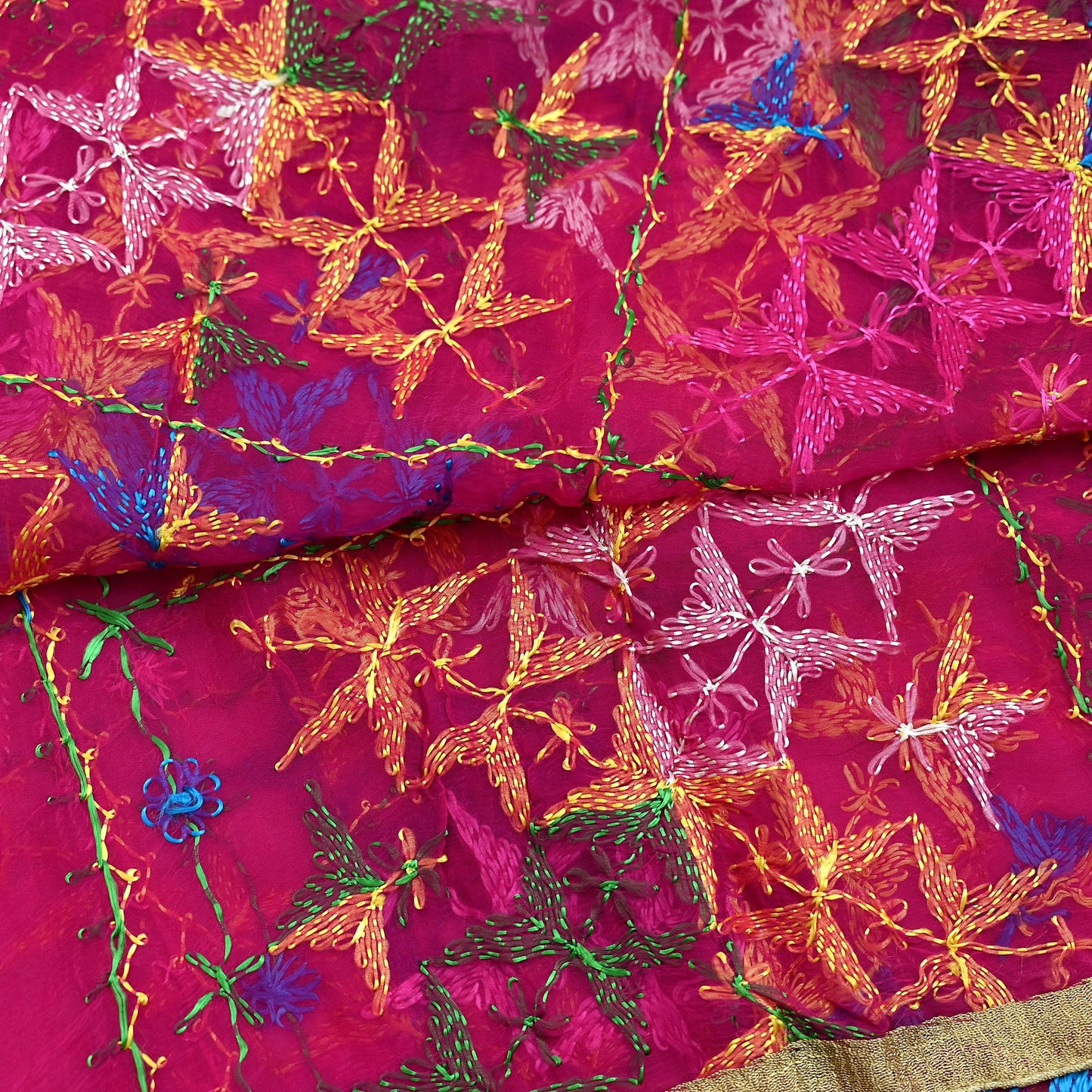 Indian Vintage Pink Dupatta Long Stole Pure Chiffon Silk Hand Embroidered Bagh Phulkari Stole Scarves Golden Lace