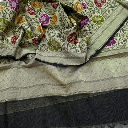 Indian Vintage Black Dupatta Long Stole Artificial Silk Woven Brocade Scarves Veil Scarf Wrap Hippie Boho Soft Floral Fringes