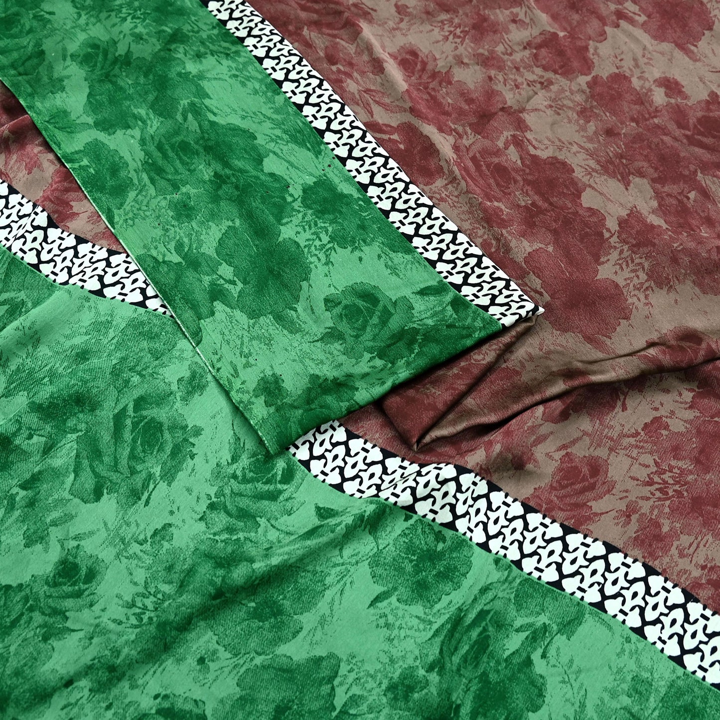 Indian Vintage Saree Green & Brown Satin Printed Sari 6yd Sewing Floral Soft Craft Fabric Dressmaking For Crafting Quilting Upcycle
