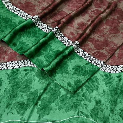 Indian Vintage Saree Green & Brown Satin Printed Sari 6yd Sewing Floral Soft Craft Fabric Dressmaking For Crafting Quilting Upcycle