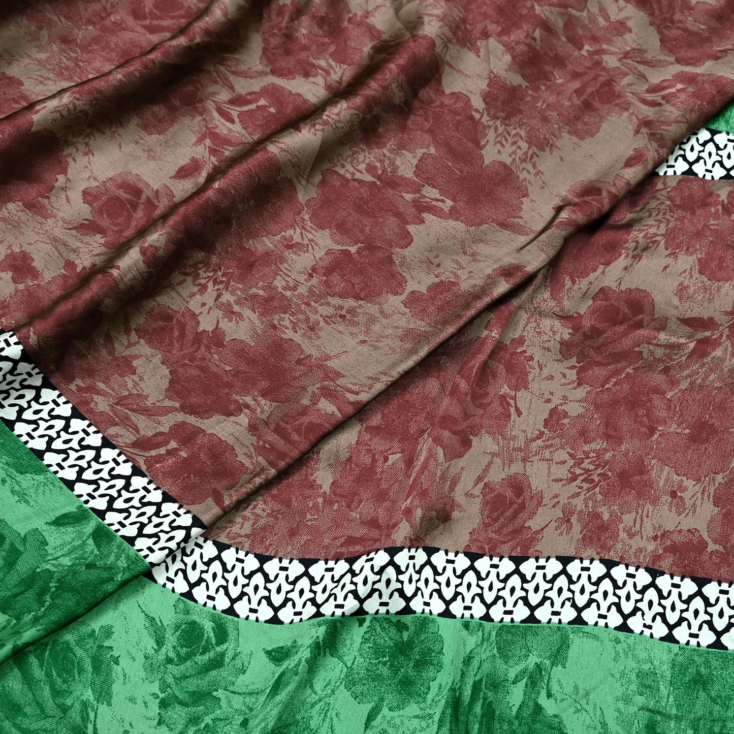 Indian Vintage Saree Green & Brown Satin Printed Sari 6yd Sewing Floral Soft Craft Fabric Dressmaking For Crafting Quilting Upcycle