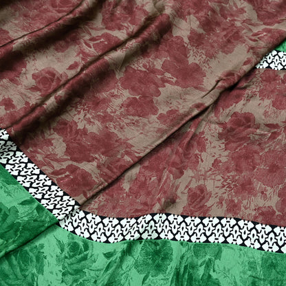 Indian Vintage Saree Green & Brown Satin Printed Sari 6yd Sewing Floral Soft Craft Fabric Dressmaking For Crafting Quilting Upcycle